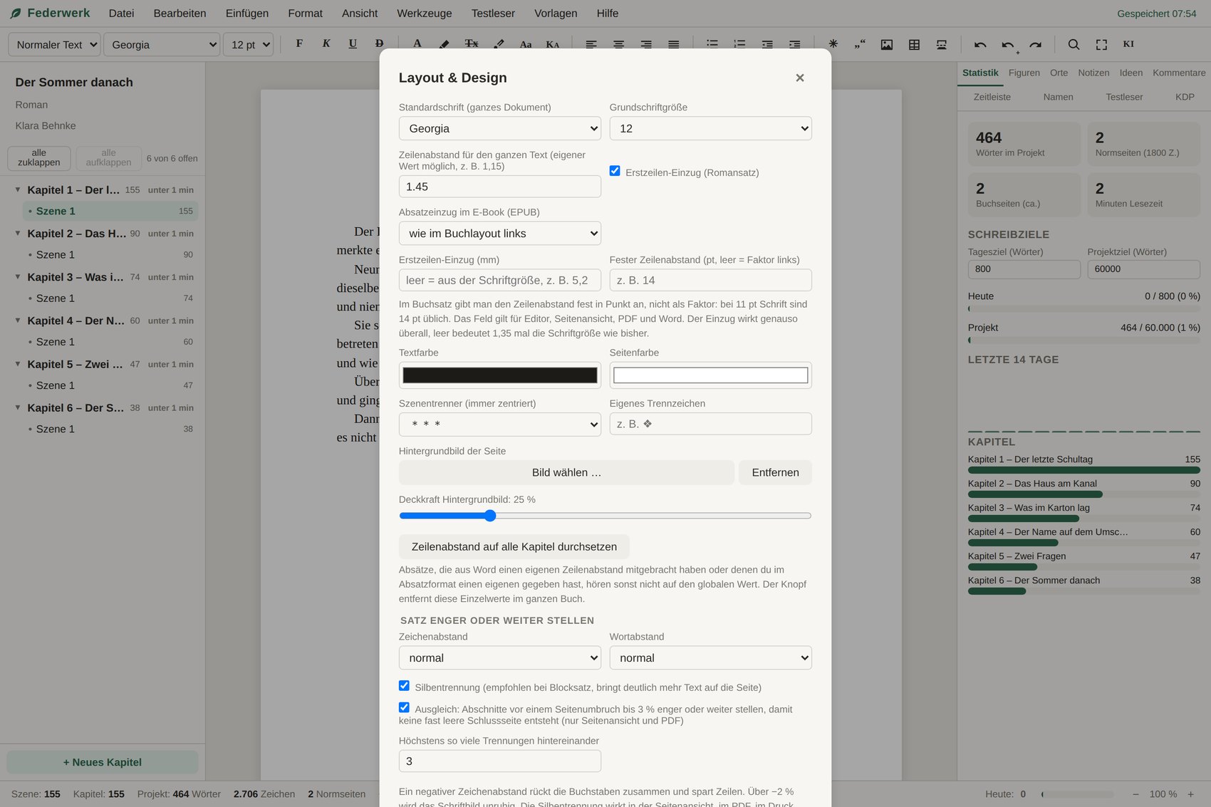 Das Fenster für Layout und Design mit Schriftart, Größe, Zeilenabstand, Erstzeilen-Einzug und dem Feld für den Absatzeinzug im E-Book