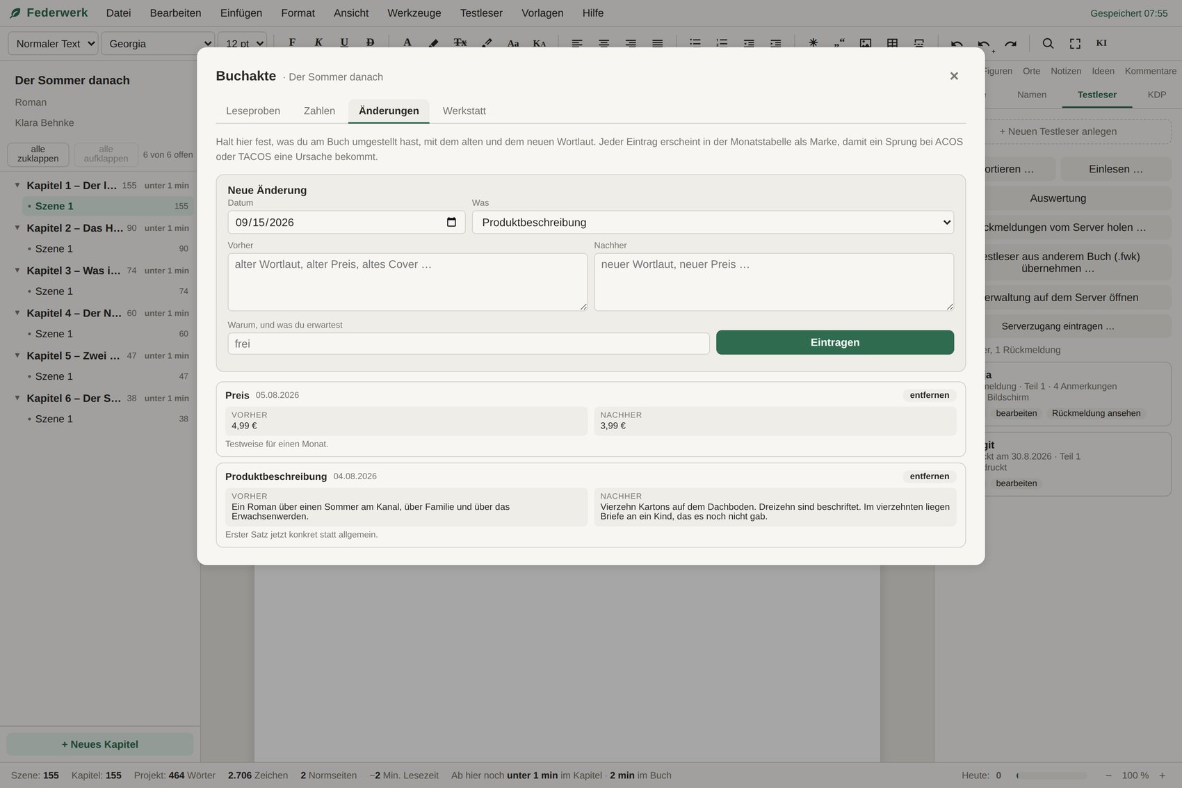Der Bereich Änderungen der Buchakte: alte und neue Produktbeschreibung nebeneinander, darunter der Preiswechsel