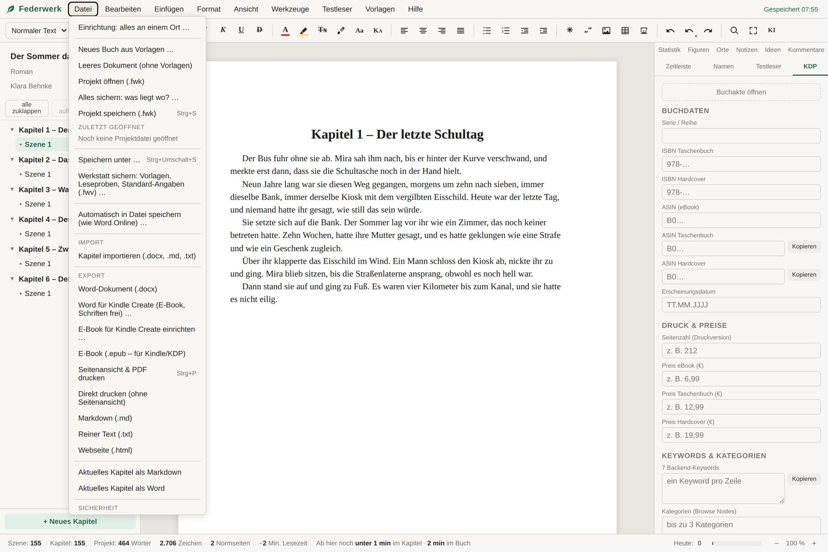 Das Datei-Menü mit allen Exporten: Word, Word für Kindle Create, E-Book als EPUB, Seitenansicht und PDF, Markdown, Text und Webseite
