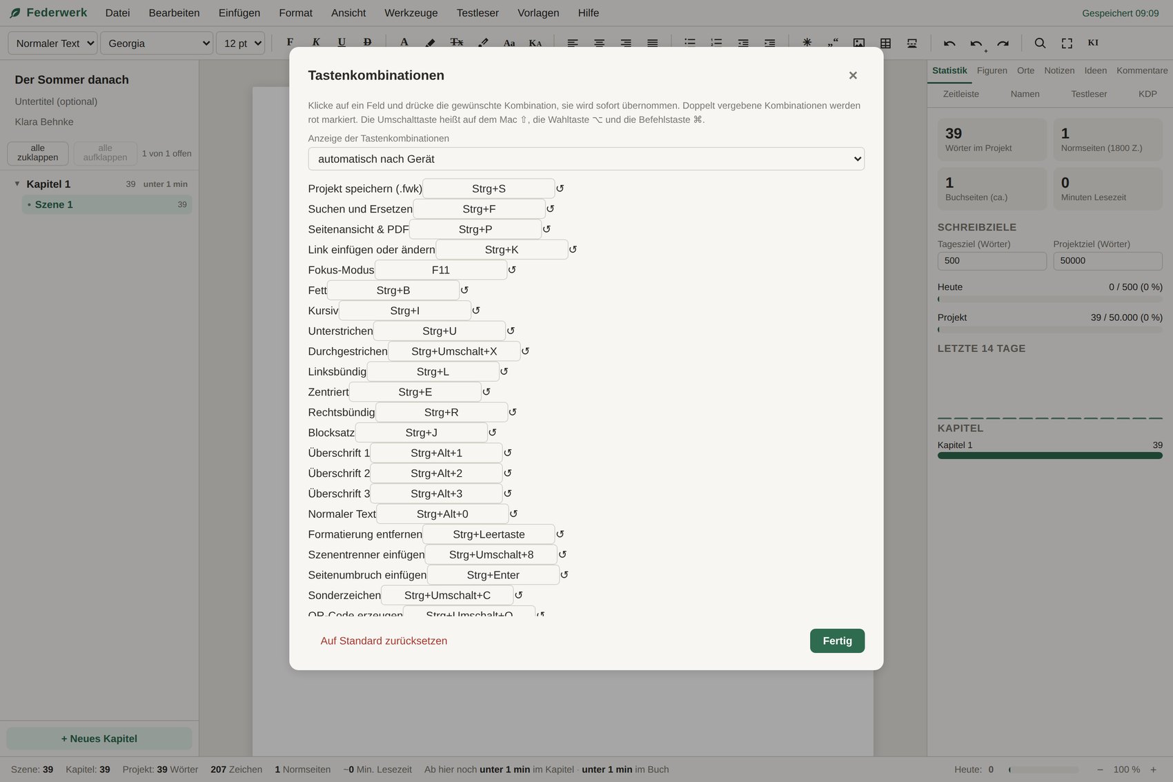Das Fenster Tastenkombinationen mit einer Liste von Befehlen und dem jeweils zugewiesenen Tastenkürzel