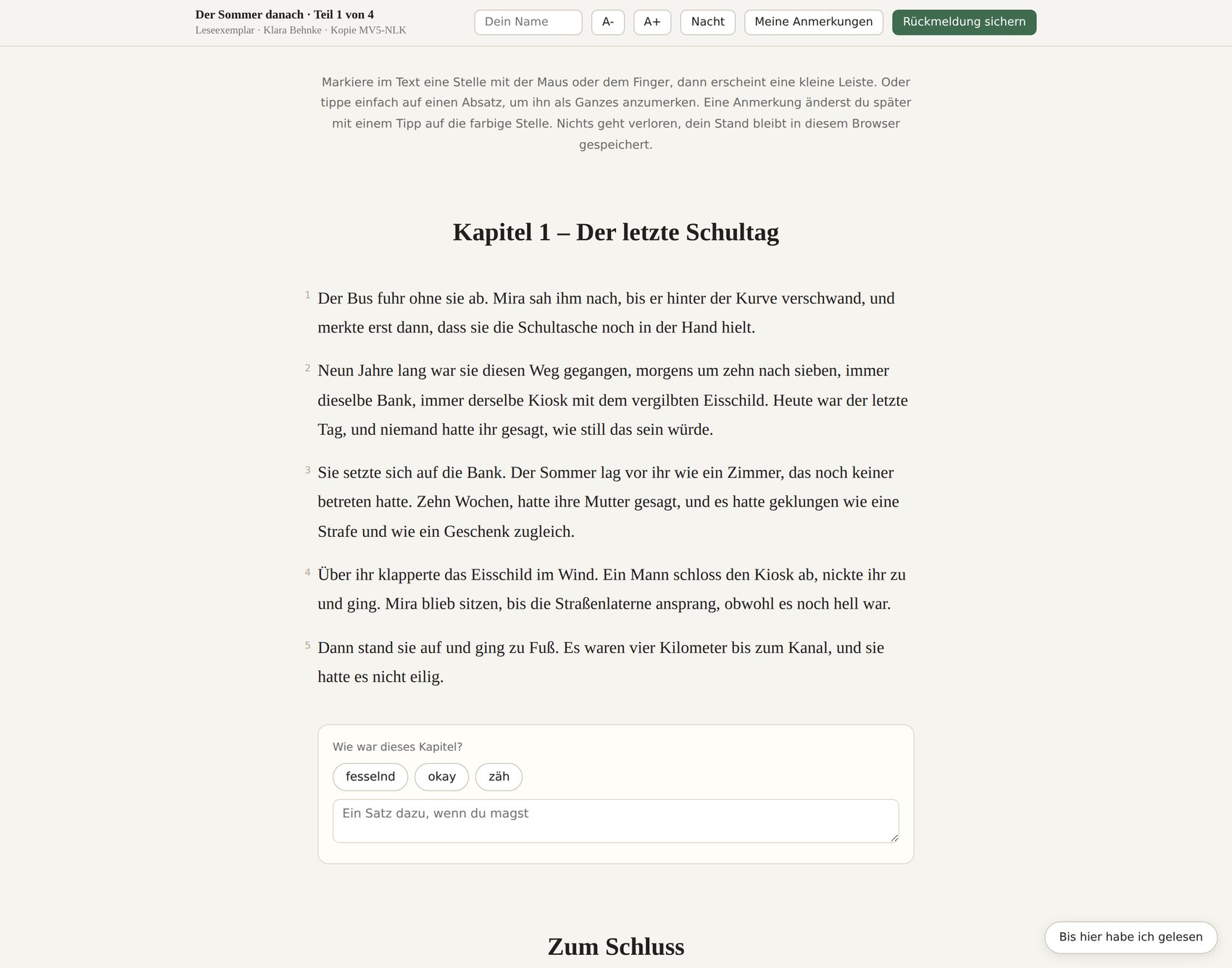 Das Leseexemplar aus Sicht des Testlesers: oben eine Leiste mit Namensfeld und Rückmeldung sichern, darunter der Text mit nummerierten Absätzen und die Kapitelampel fesselnd, okay, zäh