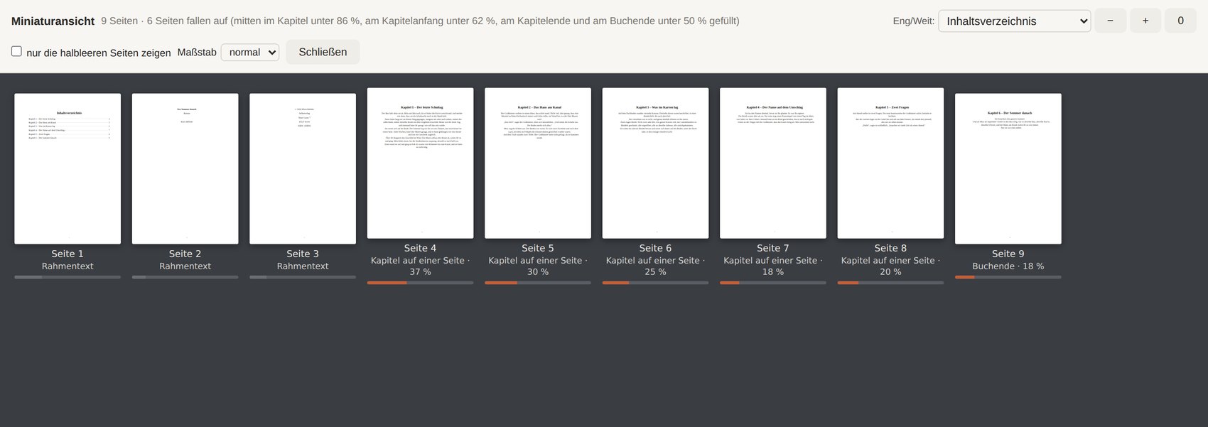 Die Miniaturansicht zeigt neun Buchseiten klein nebeneinander, unter jeder steht die Füllung in Prozent