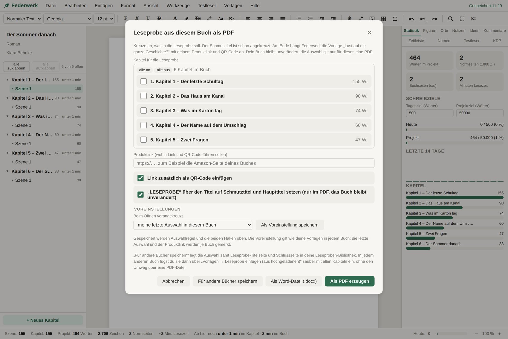 Das Fenster Leseprobe aus diesem Buch als PDF mit einer Kapitelliste zum Ankreuzen, Produktlink, QR-Code-Haken und den Knöpfen für PDF und Word