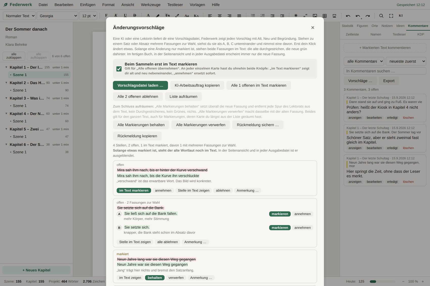 Das Fenster Änderungsvorschläge mit Karten je Stelle, alter Wortlaut durchgestrichen, neuer darunter, Begründung und Knöpfen zum Markieren, Annehmen und Ablehnen